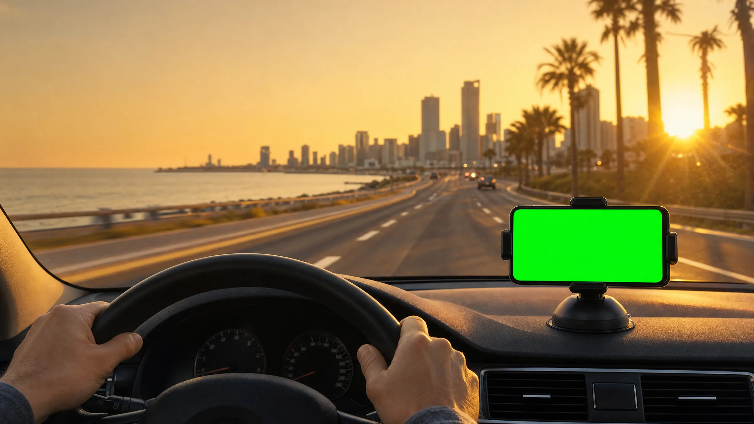 Driver with both hands on the wheel; the phone is mounted in landscape running Japan Cat driving mode